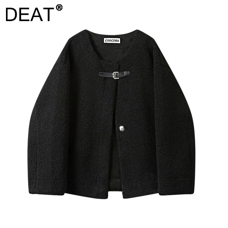 DEAT Women's Coat O-neck Loose Lamb Wool Covered Buttons Minimalist Solid Color Female Jackets 2024 Winter New Fashion 29L9087