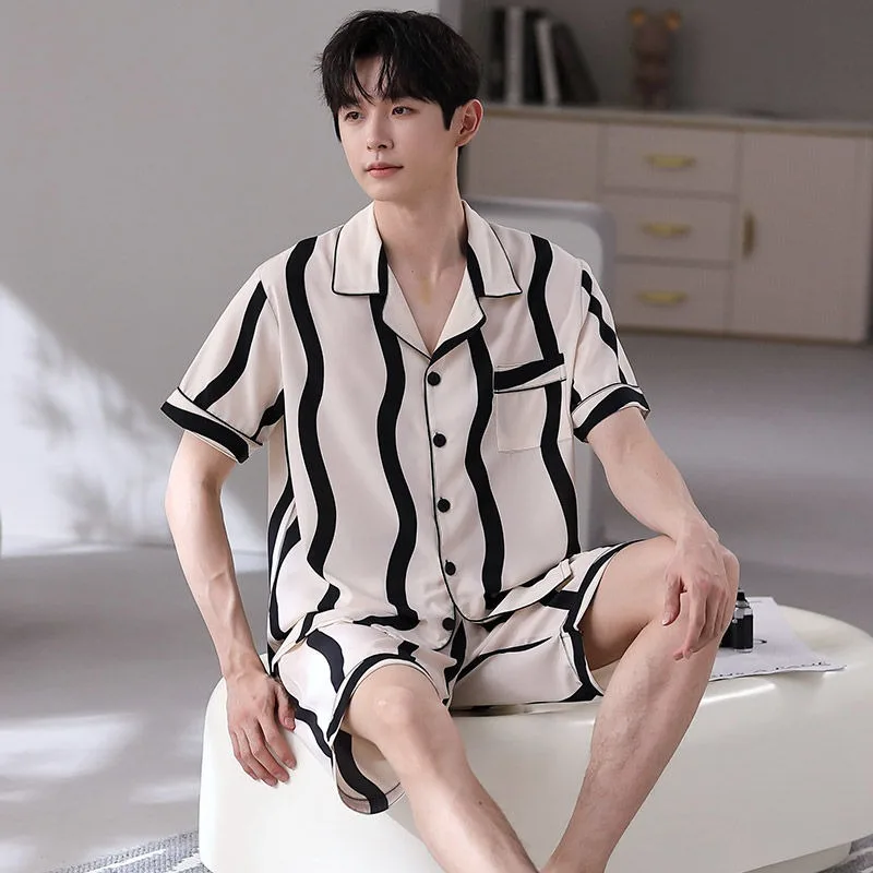 

High-value Student Dorm Home Clothes Set Summer Men's High-quality Pajamas Cool Ice Silk Short-sleeved Shorts Sleepwear Suit