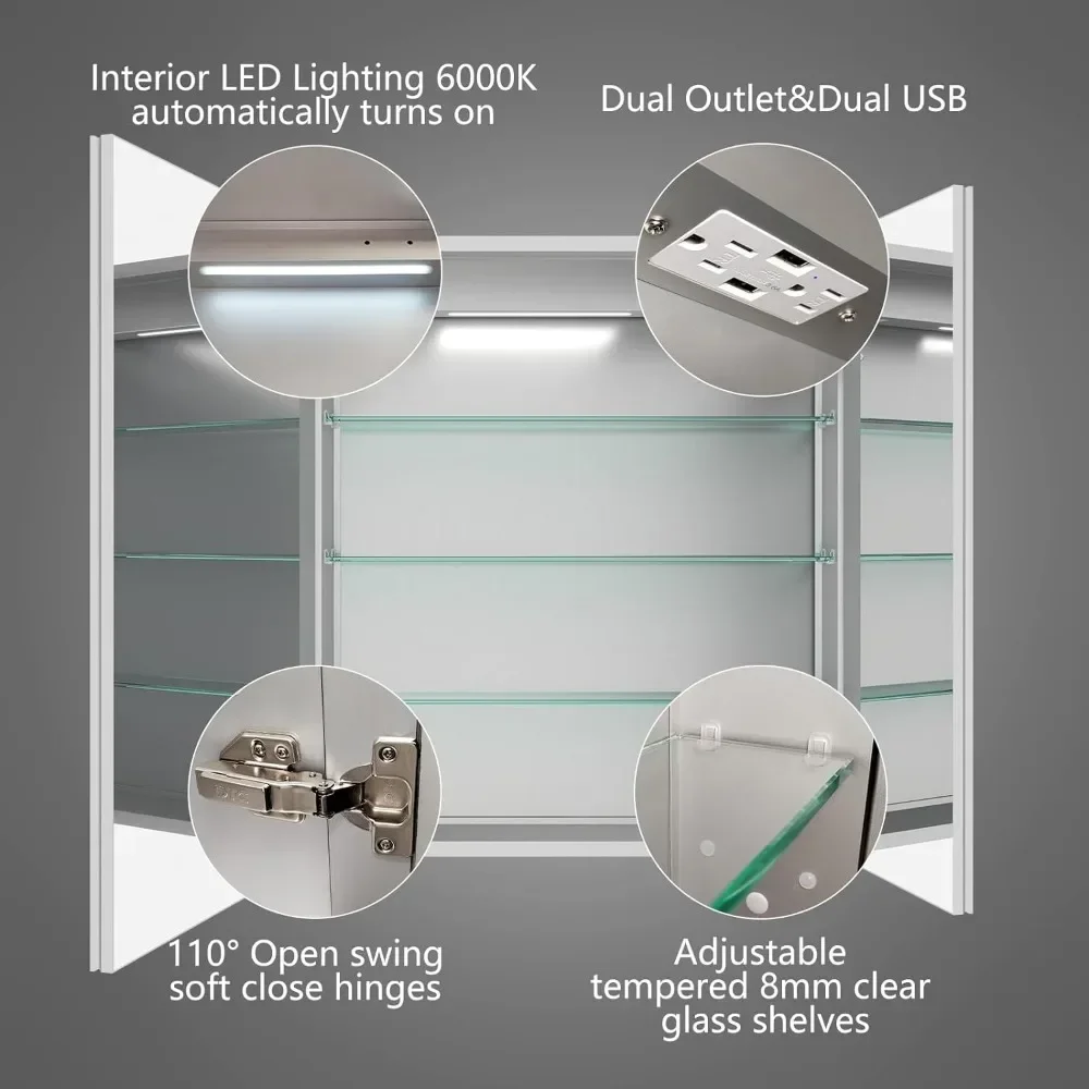 Lighted Medicine Cabinet 28x32 Inch,Recessed or Surface led Medicine Cabinet, Clock&Room Temp Display A