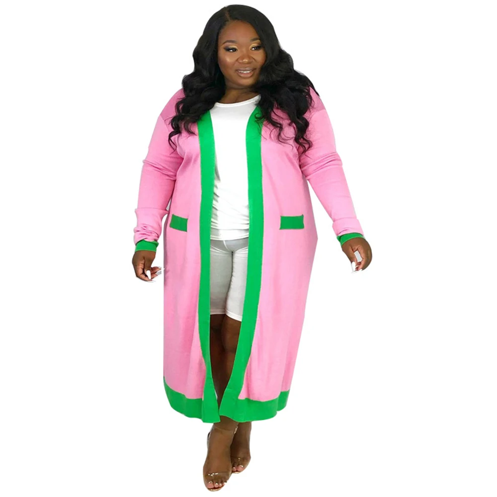 Leisure Temperament Color Matching Versatile Cardigan Loose Long Sleeved  Pink Green Greek Letter Sorority Symbol Coat Outwear