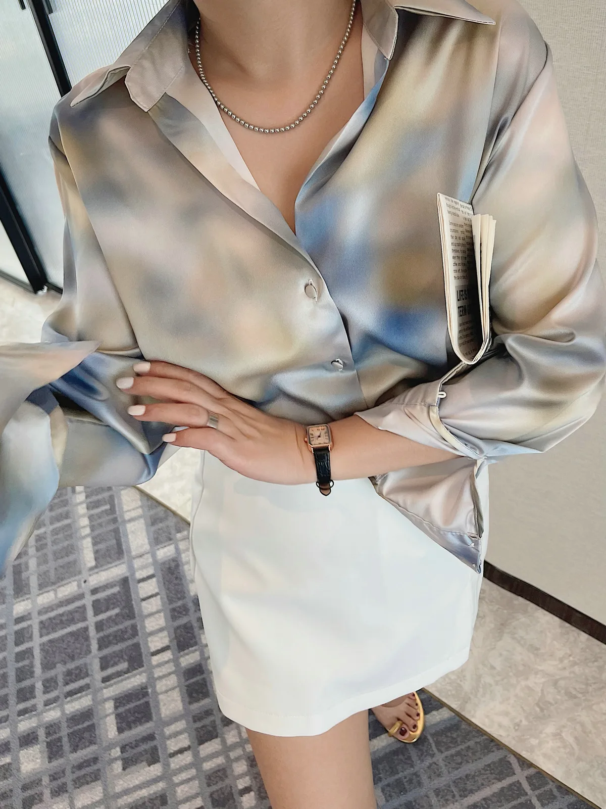 

Tie Dye Satin Shirt Blouse Top Y2K Woman Clothing 2025 Spring Summer Stylish Long Sleeve Korean Fashion Style Vintage Elegant