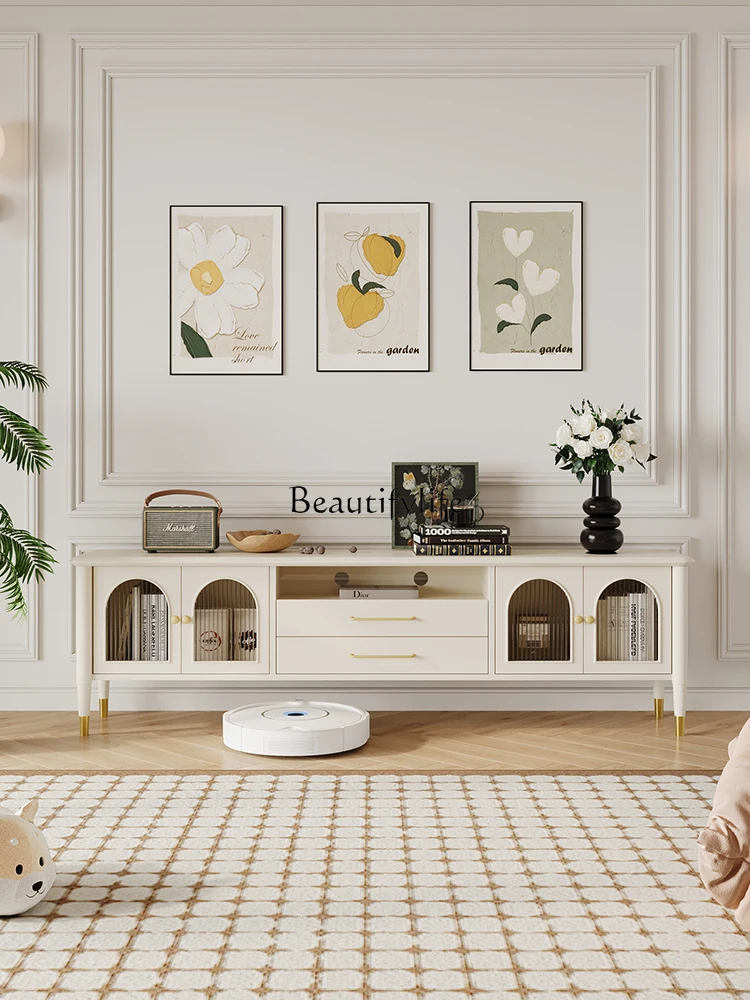 

French all solid wood TV cabinet White cream style TV cabinet Living room