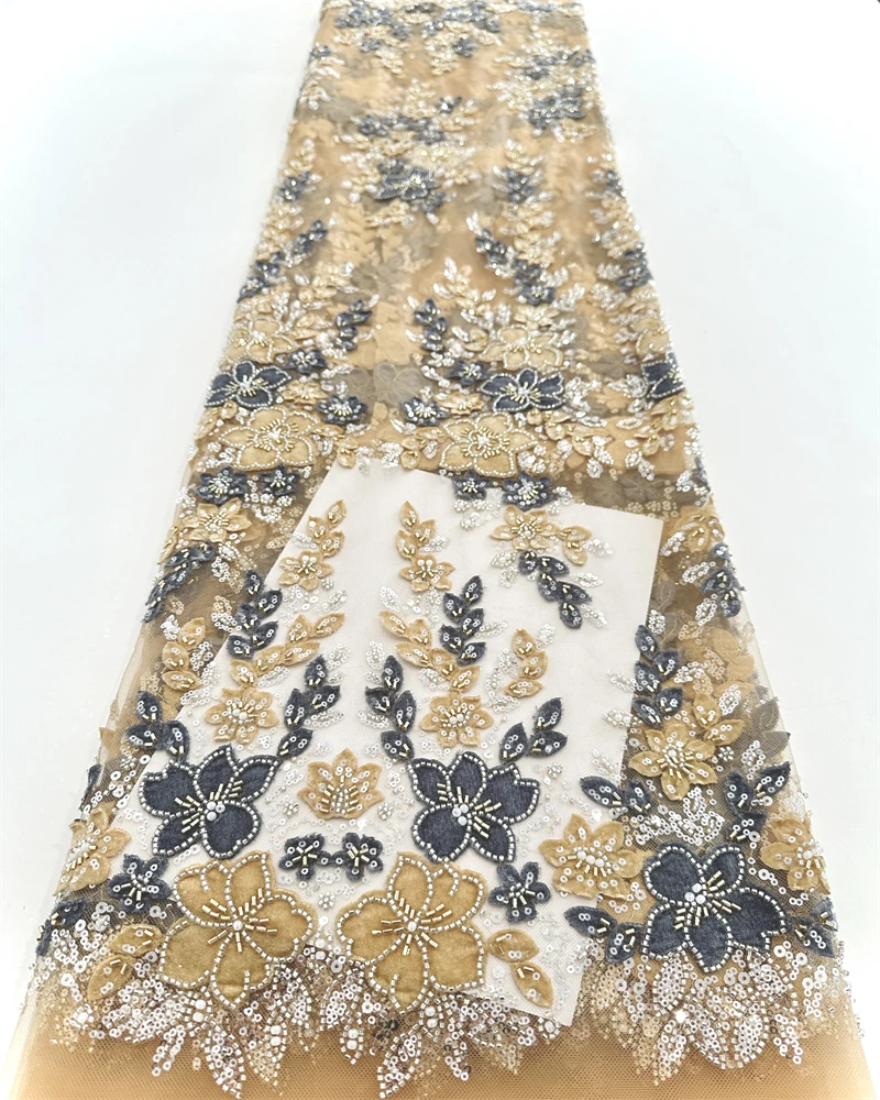 2024 Роскошная африканская бисерная высококачественная нигерийская блестка с жемчужным кружевом, французская тюлевая кружевная ткань для шитья вечерних платьев