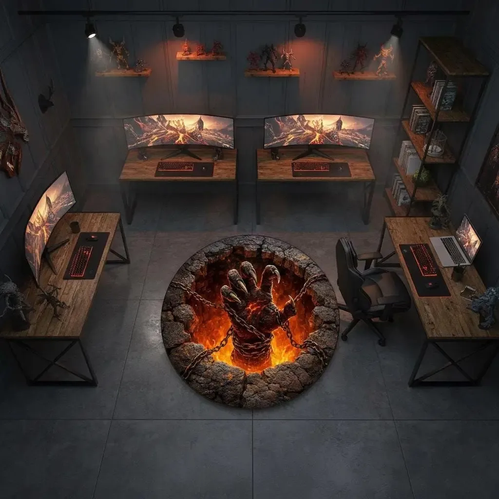 VIKAMA 3D Hell Demon Claw Crack Round Rug Fire Lava Print Non Slip Gamer Bedroom E-Sport Floor Decor Mat