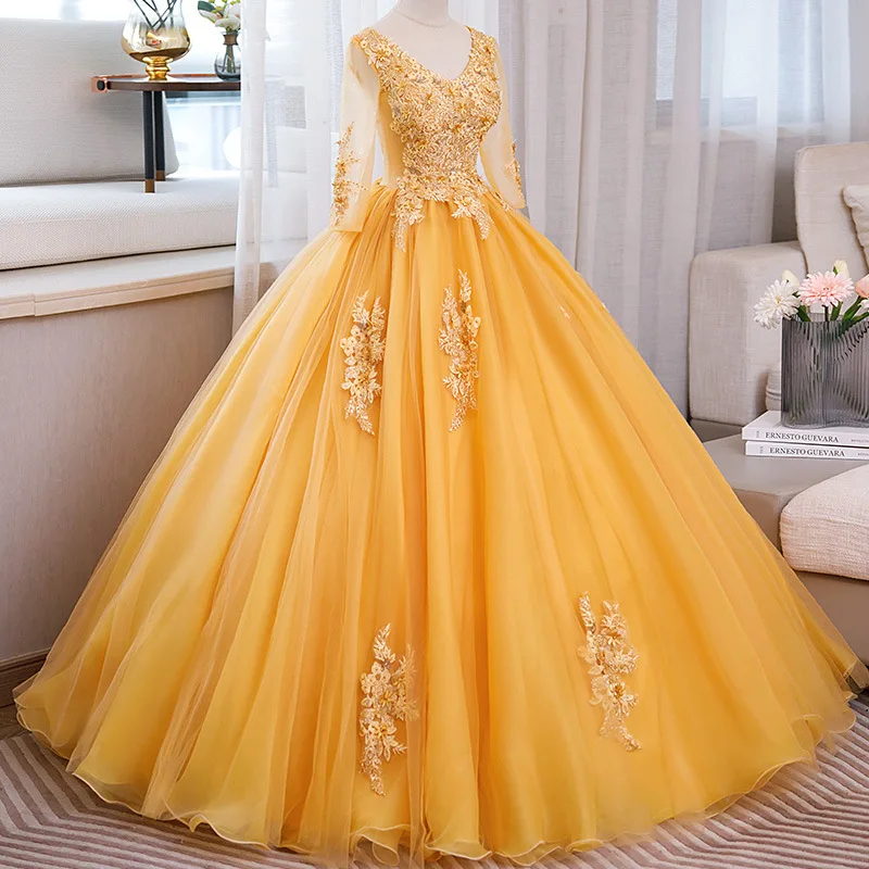 Yellow Quinceanera Dresses With 3/4 Long Sleeve Lace Appliqued Beaded Vestido De 15 Anos Birthday Party Prom Dresses Ball Gowns