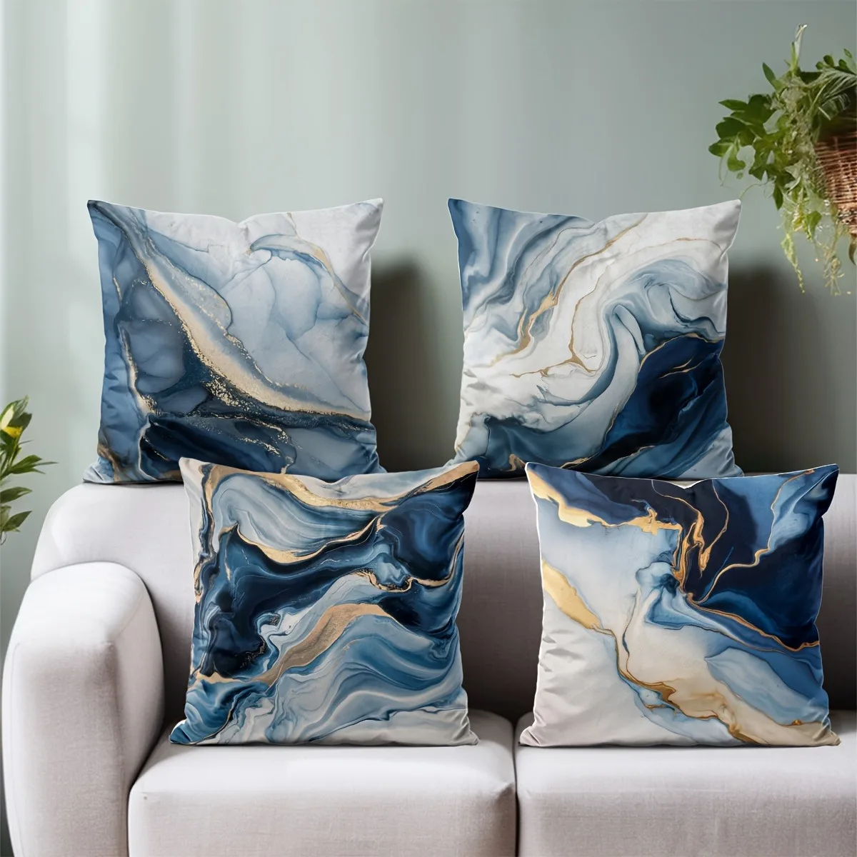 4pcs Blue Marble Pillow Covers 45x45cm Abstract Fluid Art with Gold Veins on White Base for Sofa Bed Decor Cotton Blend