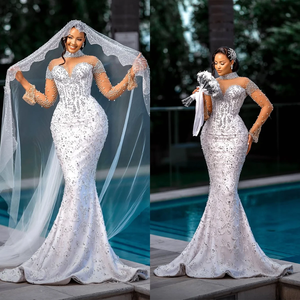 

Элегантные свадебные платья Русалка с высоким воротником и жемчугом и бусинами, свадебные платья с длинными рукавами, праздничное платье Vestido De Noiva по индивидуальному заказу