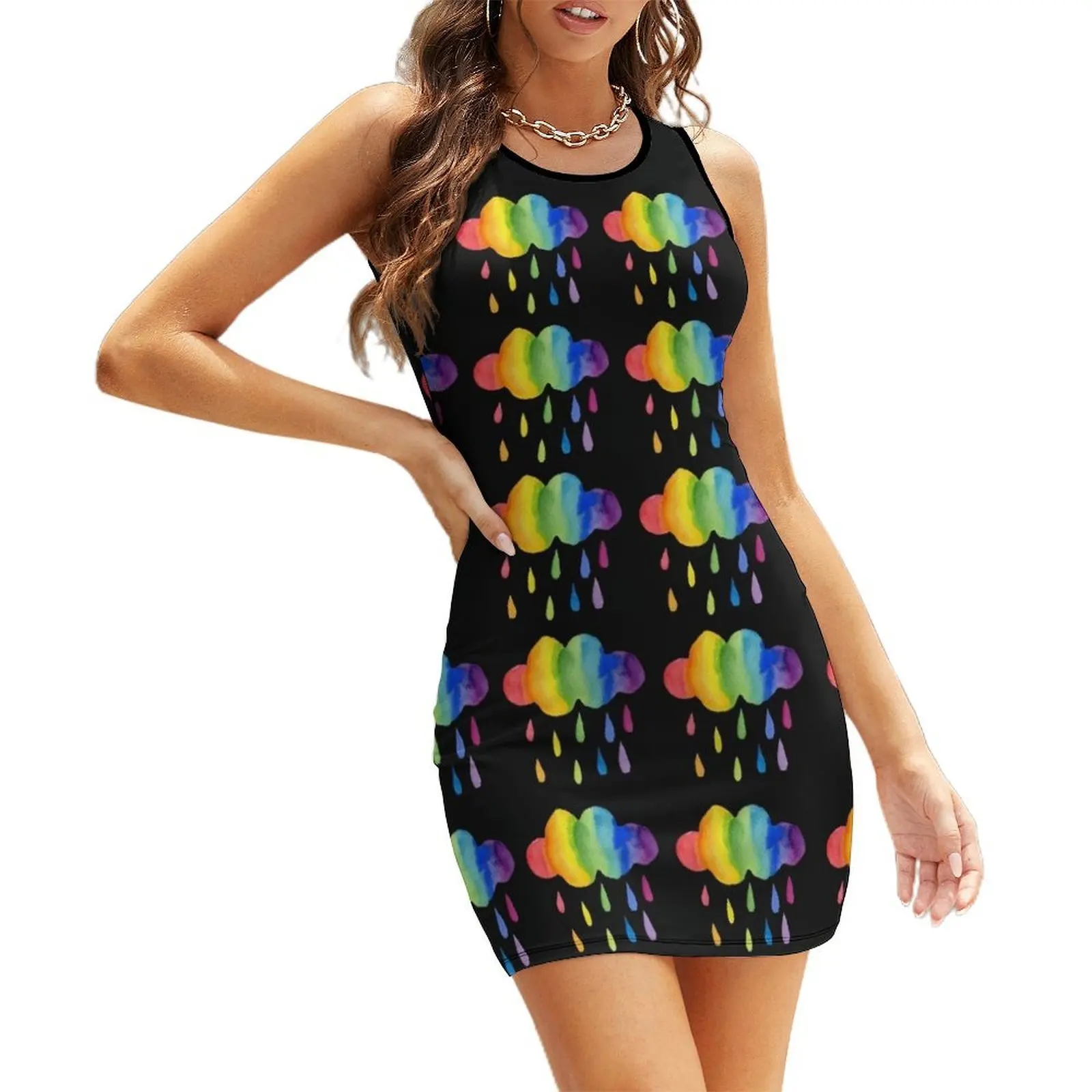 

Rainbow Rain Clouds Sleeveless Sundress women's clothing trend 2025 dress for women 2025 dresses korean style