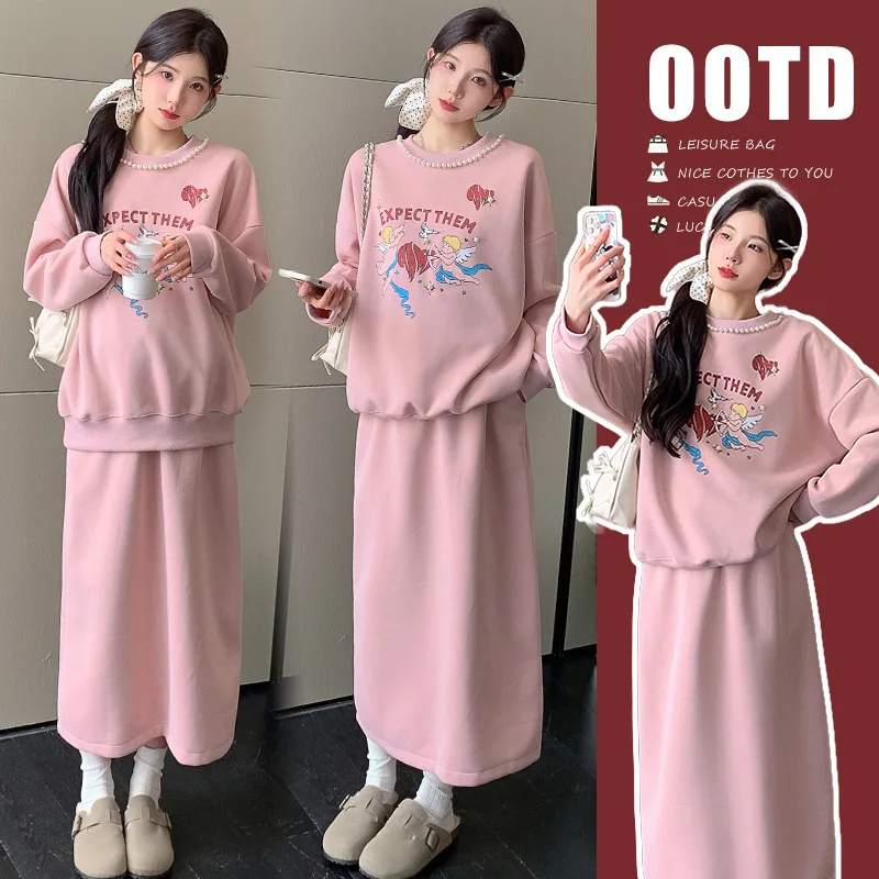 maternity-suit-2025-new-autumn-korean-style-sweet-age-reducing-whitening-slim-pink-cartoon-sweatshirt-and-belly-support-skirt