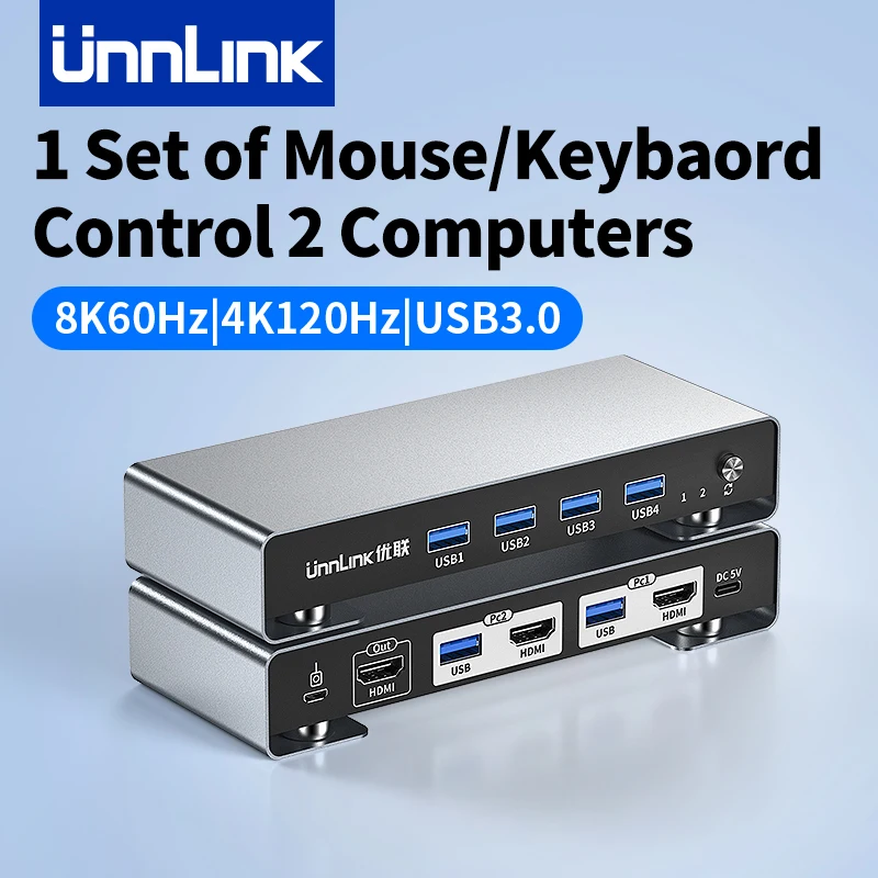 Unnlink 8K 60Hz HDMI KVM Switch 4K 120Hz HDMI USB 3.0 KVM Switcher 2K 144Hz 2 PCs Share 1 Monitor Keyboard Mouse for Macbook PS5