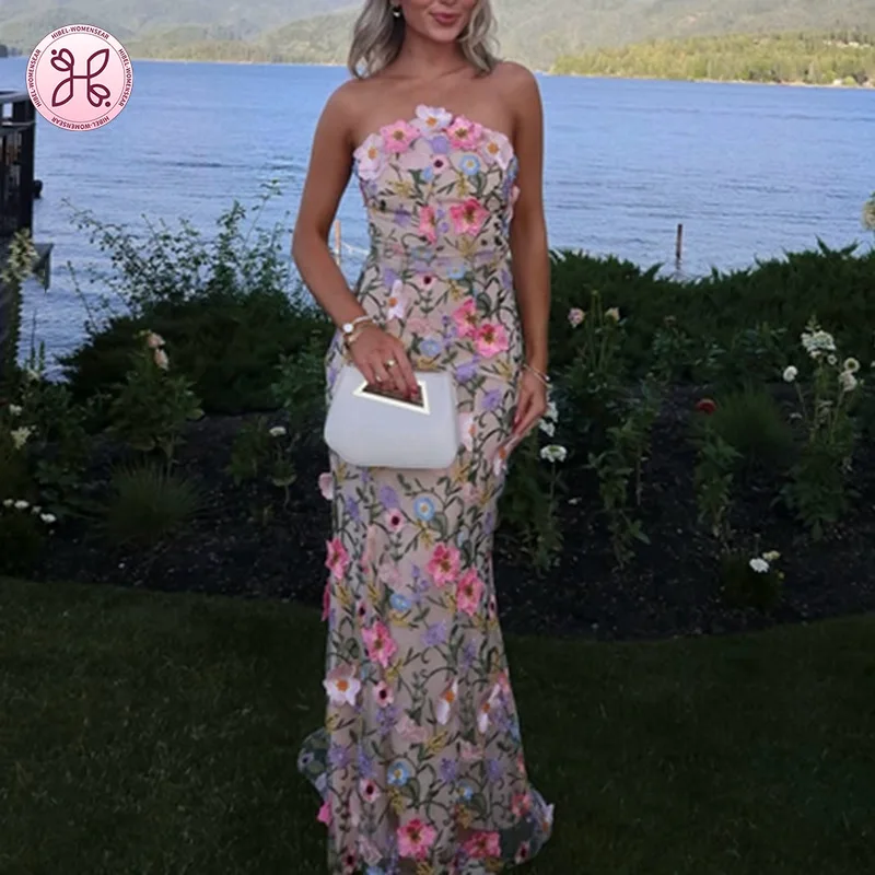 

French style long dress 2025 summer new style three-dimensional flower embroidery slimming strapless design dress for women
