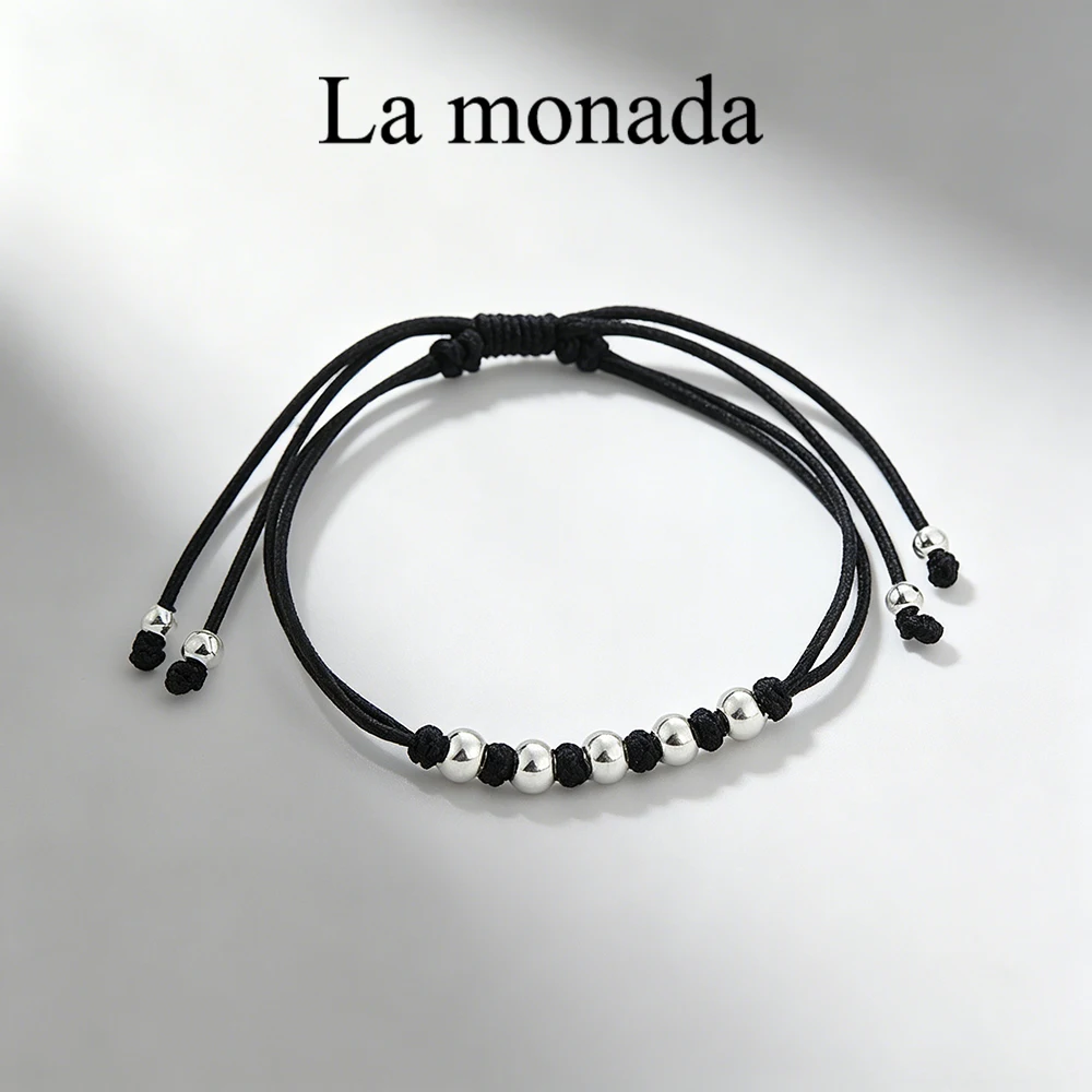 925er Sterlingsilber Perlen-Wachsschnur-Armband, verstellbar, Retro, schwarzer Faden, minimalistisches Armband für Damen und Herren, Alltagsschmuck
