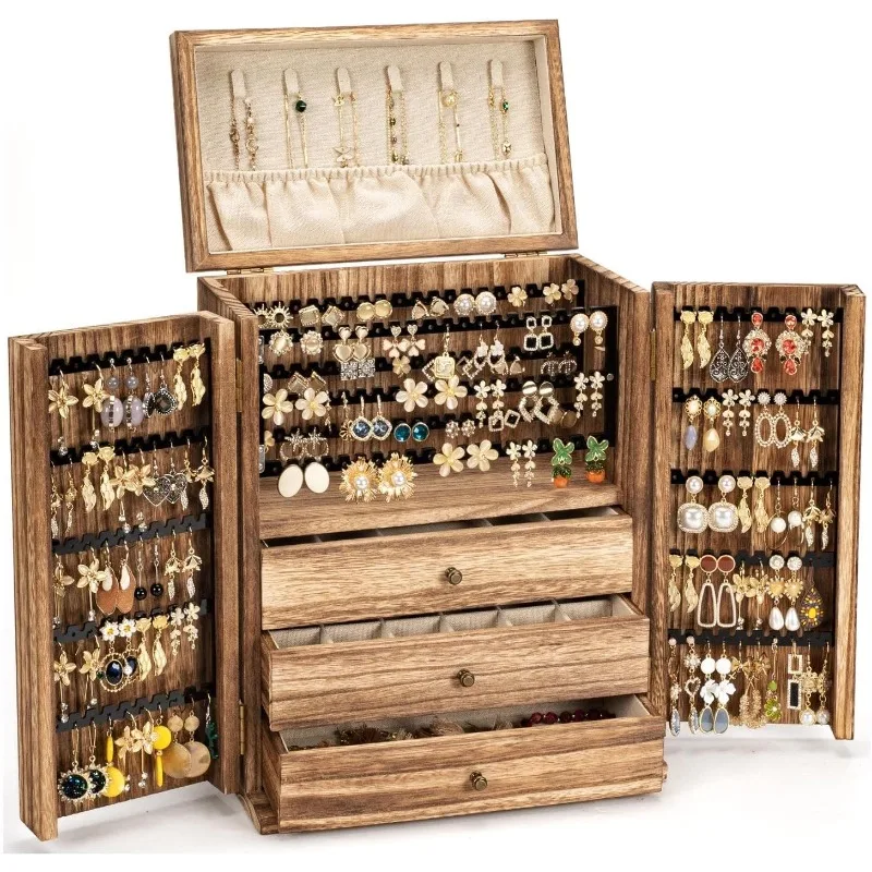 

Jewelry Box Organizer, Large Wooden Jewelry Boxes for Women, Rustic Earring Jewelry Organizer for Necklace Earring Ring Bracelet