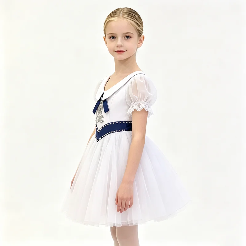 Collared Puff Short Sleeve Ballet Performance Dress Contrast Bow Rhinestone Waist Short Flared Dance Skirt Suitable For Stage Sh