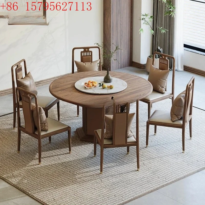 

New Chinese-style North American black walnut dining table and chair combination modern light luxury solid wood round table home