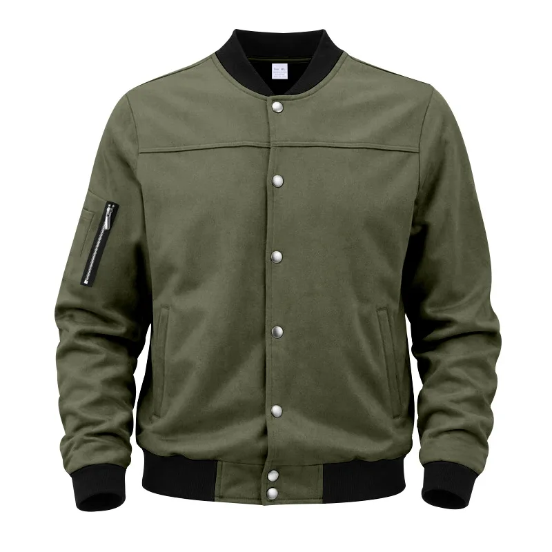 Mens Casual Baseball Bomber Jacket Fall Winter Stand Collar Button‑Up Coat Long Sleeve Arm Zipper Pocket Street FashionOuterwear
