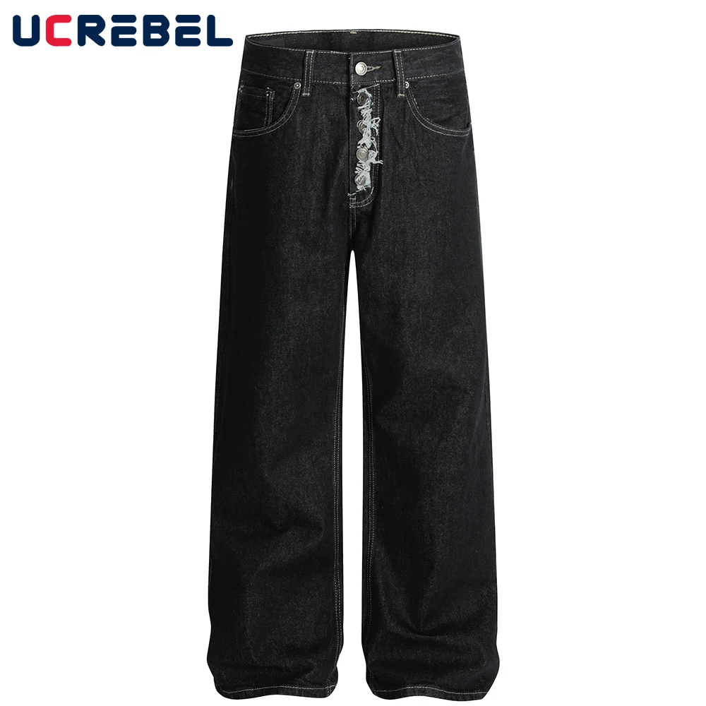 Single Breasted Dark Jeans Mens Solid Color High Street Loose Straight-leg Wide Leg Denim Pants Men