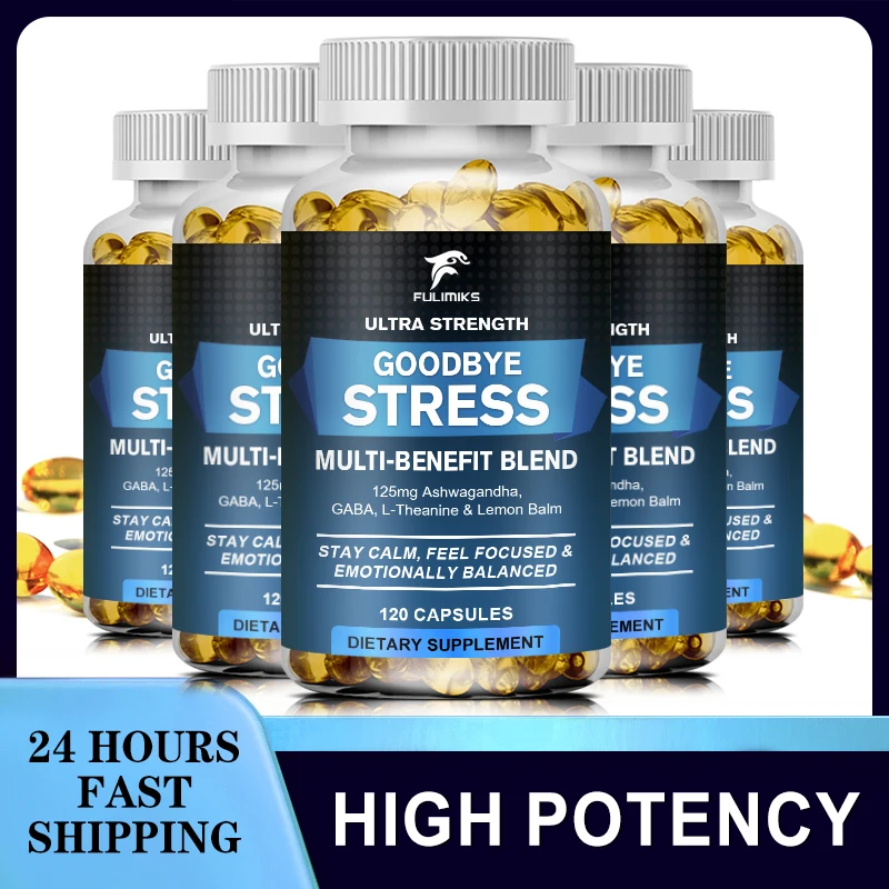 Ultra Strength Goodbye Stress Softgels, with 125 mcg Ashwagandha, GABA, L-Theanine&Lemon Balm, Stress Relief Supplement Capsules