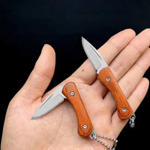 Bilashmart Portable Pocket Knife Mini Wooden Handle Knife Outdoor Folding Knife Camping Pocket Knife Key Pendant Sharp Open Delivery Tool