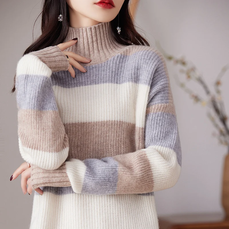 

2023 Autumn/Winter New 100% Wool Cashmere Sweater Women's Casual Knitting Color Block Pullover Korean Fashion High Neck Dress