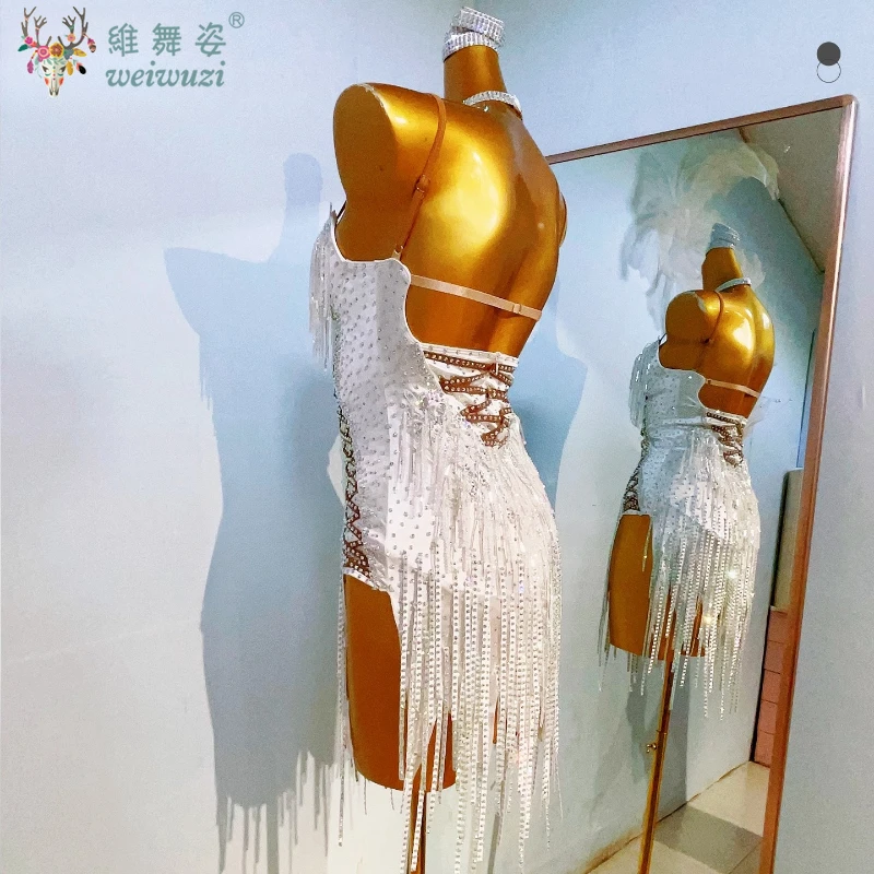 زي الرقص اللاتيني حجر الراين للنساء مخصص أداء رومبا تشاتشا زي تنورة الكبار اللاتينية المهنية شرابة فساتين #3