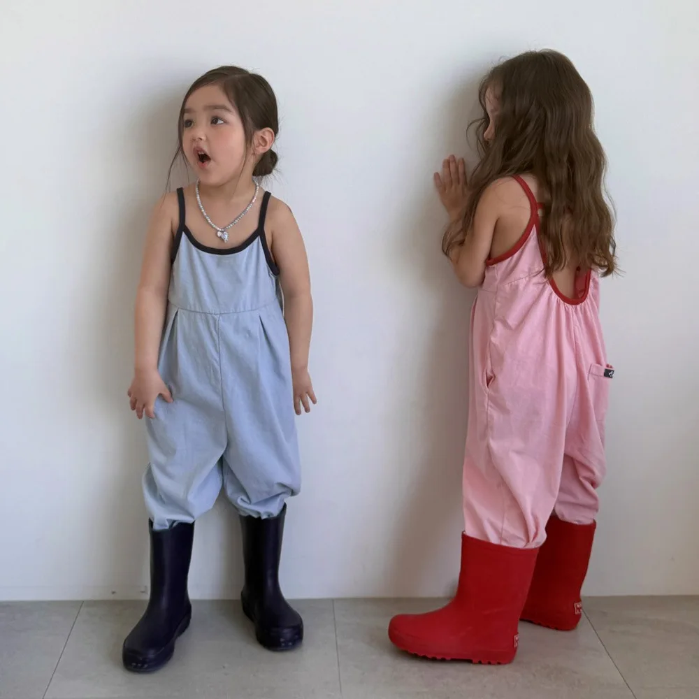 

New Japanese Style Girls Cotton Knitted Color Blocked Jumpsuit for Summer Boys Korean Western-style Camisole Jumpsuit