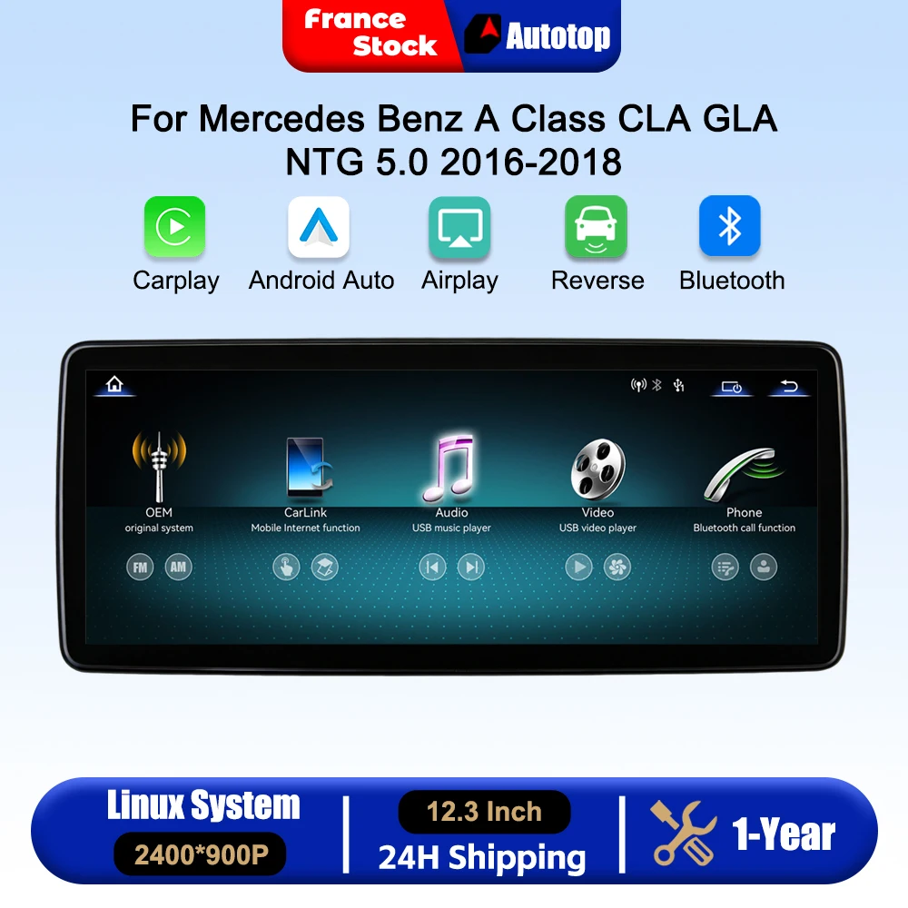 12.3 Inch 2400*900P Wireless CarPlay Android Auto Touch Screen For Mercedes Benz A Class CLA GLA W176 X156 2016-2018 NTG5.0 Car Intelligent Systems Smart Multimedia Car Radio With Bluetooth GPS Navigation Autolink Navi Mirror Link AirPlay