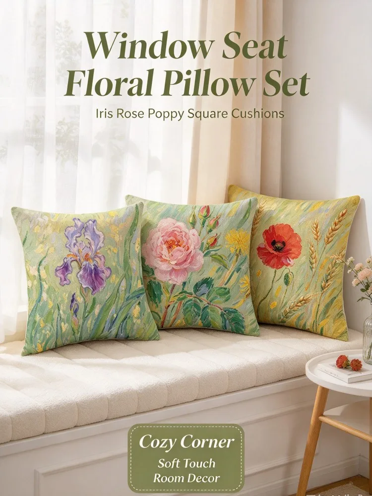 VIKAMA Floral Art Pillow Set, Iris Rose Poppy Square Cushions, Soft Fabric Throw Pillows for Sofa Bedroom Window Seat Patio Ho
