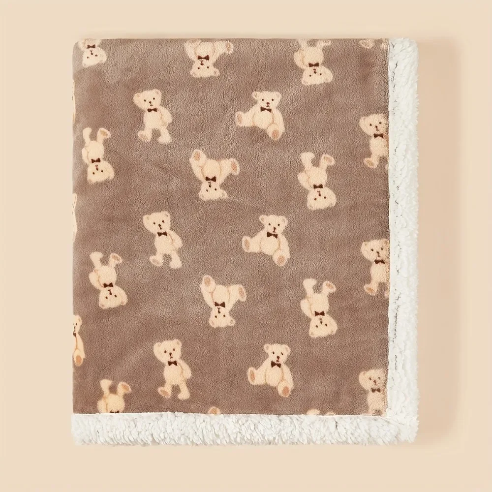 Cobertor estampado de urso de desenho animado para bebê, cobertor de capa de pelúcia de camada dupla espessada para recém-nascidos, melhor para berços, carrinhos e uso doméstico