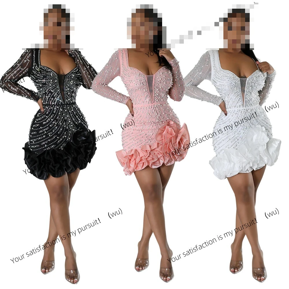 

CY901042 Горячее платье с бриллиантами и бусинами, короткая юбка, женская мода, с длинным рукавом и квадратным вырезом