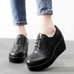 6.5cm Vintage Genuine Leather Brogue Shoes Platform Wedges Shoes Spring Fall 2025 Med Heels Oxford Shoes with fur for Office Mom