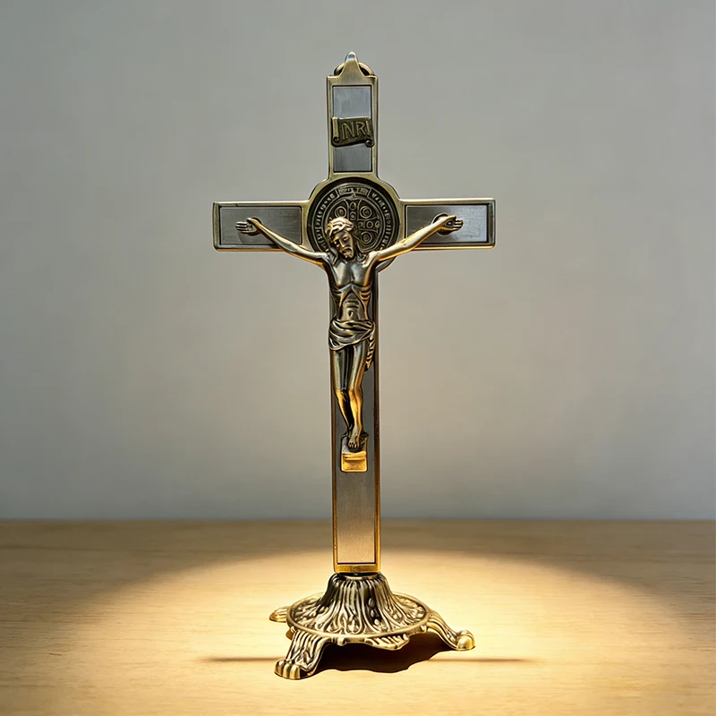 

New 2026 Traditional Catholic Standing Crucifix with Two-Tone Finish and Central Medallion for Church Decor and Devotion Gift