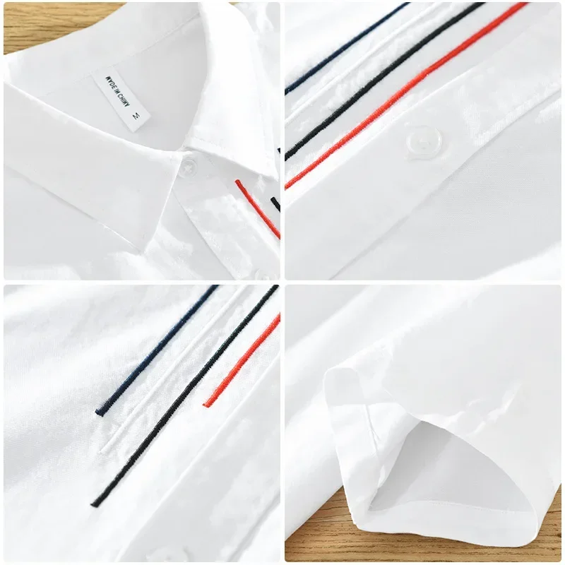 White Short Sleeve Shirt for Men Pure Cotton Turn-down Collar Casual Shirts Summer New Male Fashion Clothing