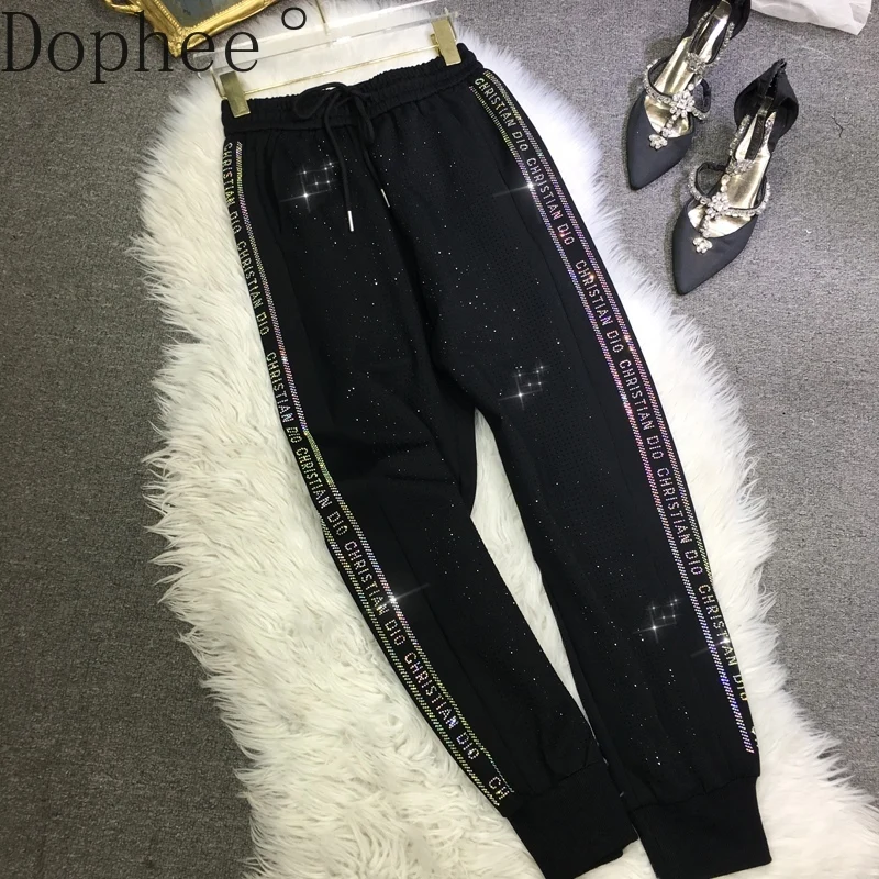 High Quality New Autumn Winter Women Black Sweatpants Letters Hot Drilling Elastic Waist Harem Pants All-match Sports Trousers