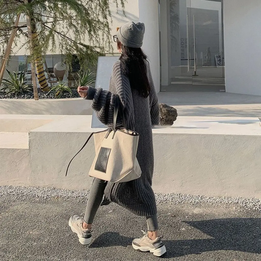 

Women's Mid-Length Knee-Length Sweater Coat Autumn Winter Fashion Lazy Style Loose Fit All-Match Long-Sleeved Knitted Cardigan