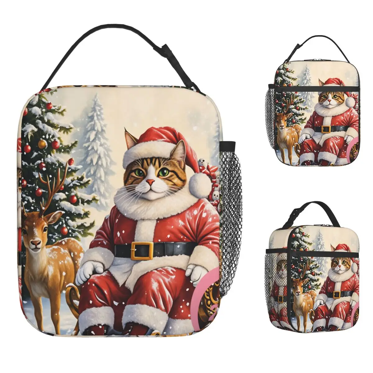 Christmas Cats Adorable Kittens In Festive Lunch Bag Picnic Portable Insulated Thermal Tote Handbags For Child Cooler Bag
