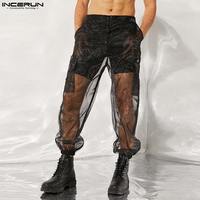 INCERUN Men Mesh Sleep Bottoms 2024 Lace Transparent Drawstring Sexy Homewear Pockets Breathable Trousers Male Sleep Pants S-5XL