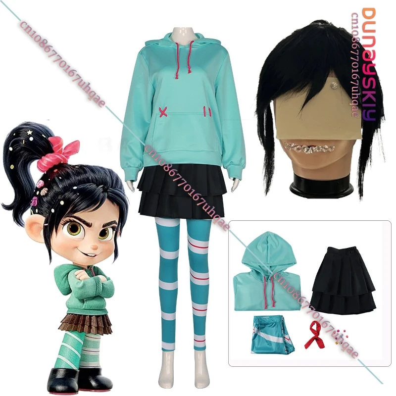 Vanellope Von Schweetz Costume Cosplay Felpe con cappuccio da ragazza Gonna Parrucca Uniforme 2025 Abbigliamento da performance anime per donna/bambino