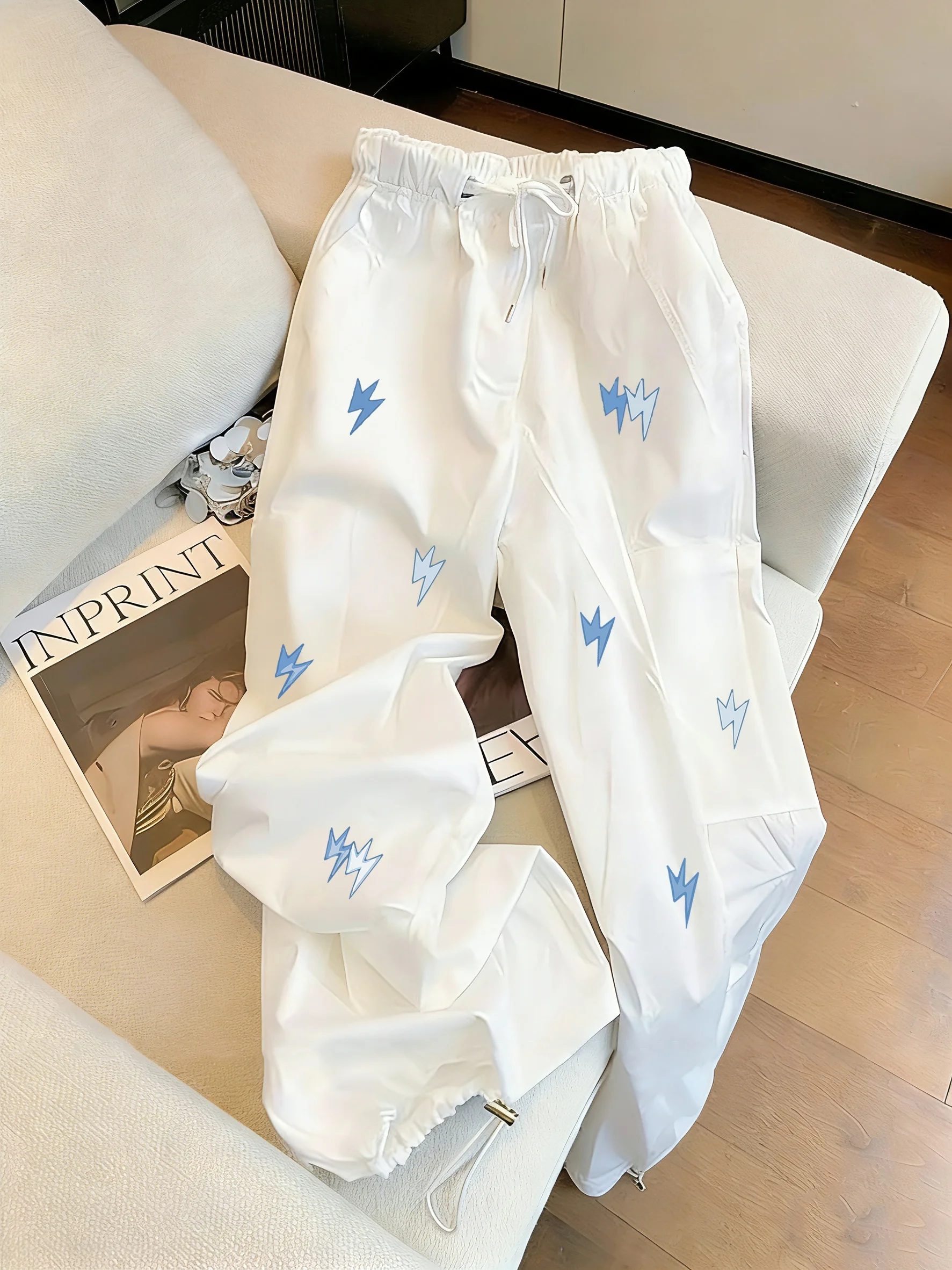 

Casual Loose Drawstring Wide Leg Pants Unisex Summer Design Street Style Lightning Print Workwear Trousers Cartoon Anime Stra...