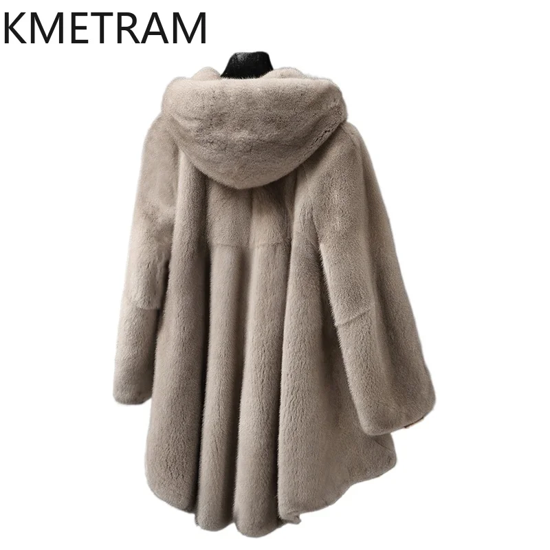 Damski płaszcz z naturalnego futra norek, luksusowa szara kurtka z prawdziwego futra z kapturem, wysokiej jakości zimowa odzież damska, futrzane kurtki 2025