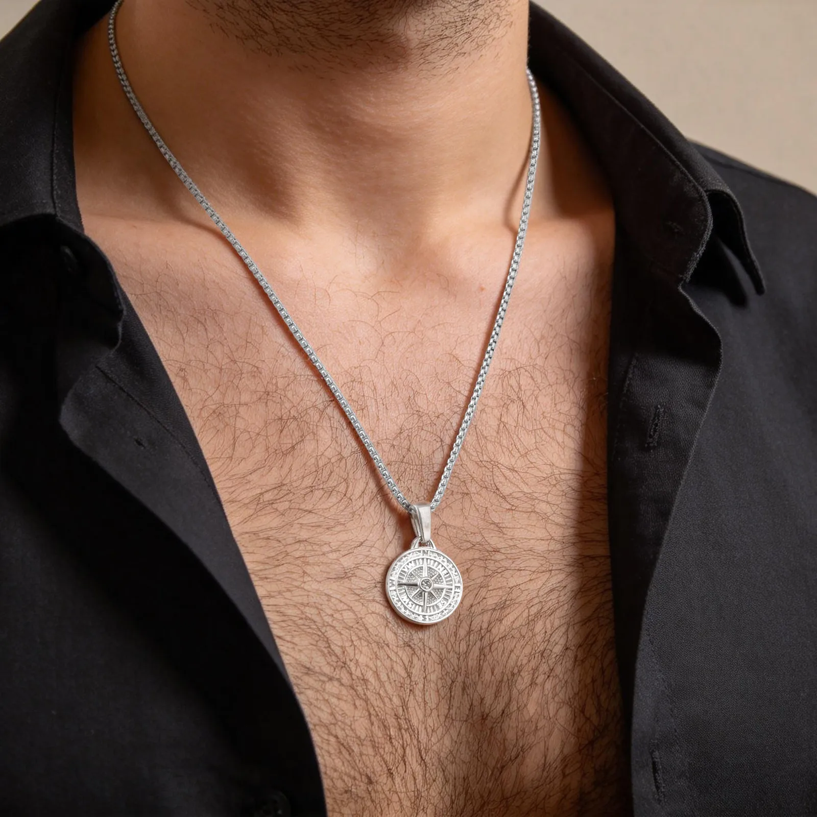 Vnox Zircon Eight-Point Star Round Pendant Necklace, Gold Silver Color Stainless Steel Box Chain Compass Necklace for Men Boys