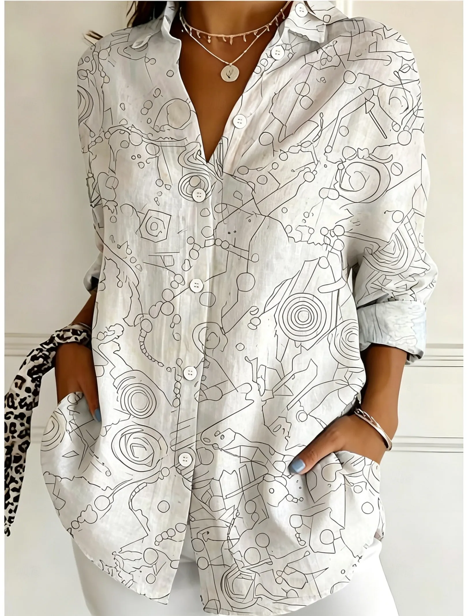 

Women's Long Sleeve Abstract Line Print Button Down Casual Shirt Elegant Daily Blouse Tops in White for Spring Summer