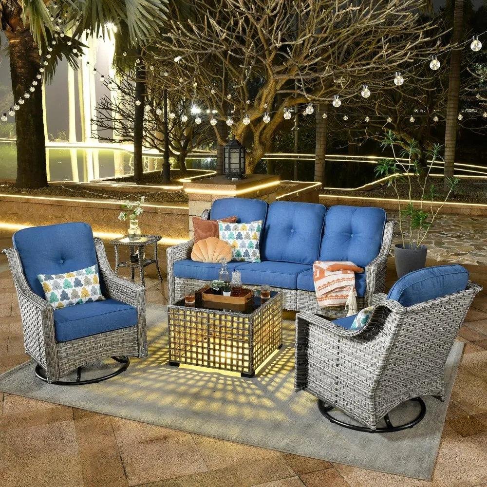 

5 Piece Outdoor Patio Furniture with 3 Seat Sofa,Rattan Wicker Coversation Set with Swivel Rocking Chair,Balcony Sofa Set