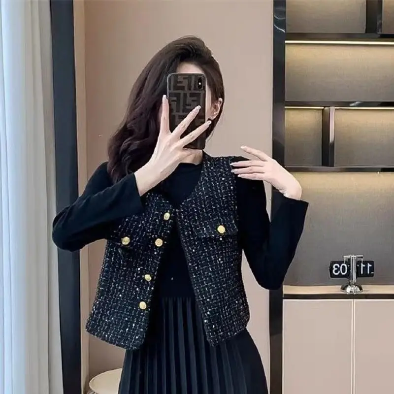 Korean Autumn Winter Women Dress Tweed Vest Two Piece Set 2023 Office Lady Graceful Slim Sleeveless Jacket Knit Dresses Outfits