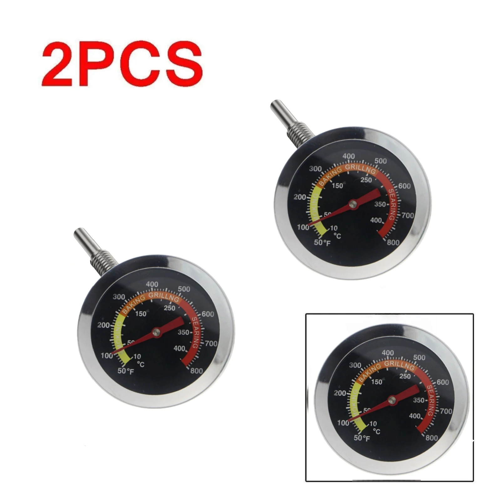 2 Pack Grill Oven Thermometer 50-800°F Temperature Gauge w/ Large Dial Gasket for BBQ Smoker Griddle Easy Mount Threaded Stem