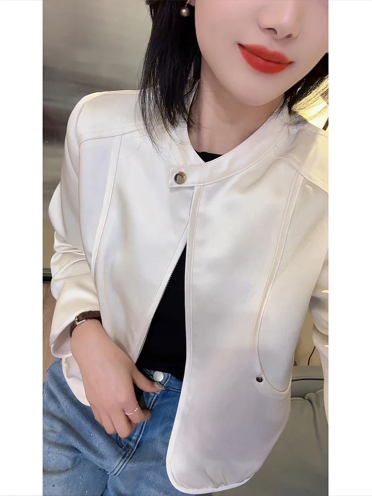 Fashionable Short Leather Jacket Women's Stand Collar Simple Stylish Spring Autumn New Style Age Reducing Top Casual Outerwear