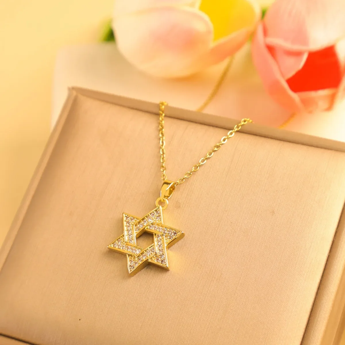 Hip Hop Gold Color Plated Jewelry Micro Pave Iced Out Cz Stone Star of David Pendant Chokers Hexagram Israel Judaism Necklaces