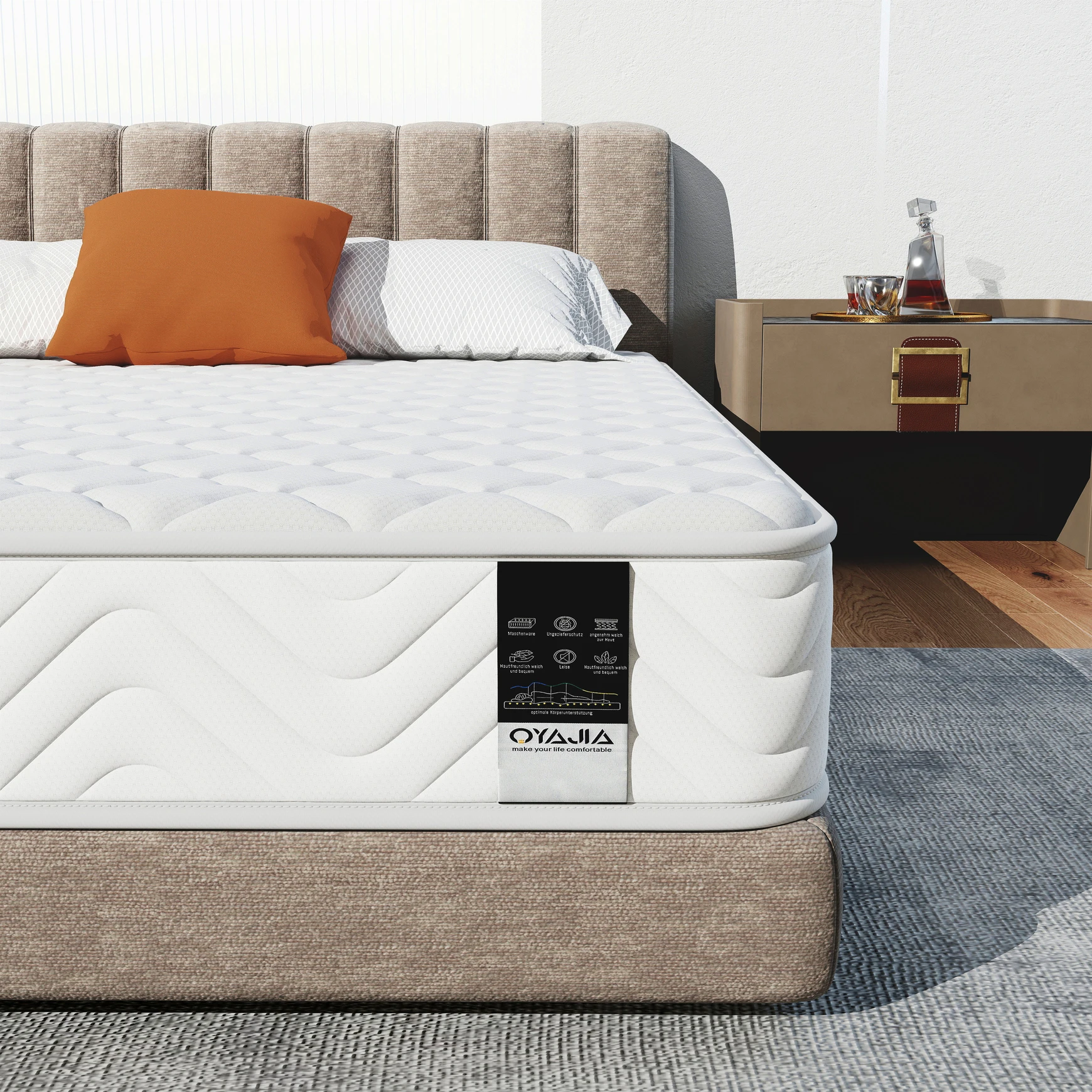 Matelas OYAJIA, mousse à mémoire de forme et ressorts ensachés, couche supérieure respirante, isolation des mouvements, maintien des bords, fermeté moyenne ; 90/140/160 x 200 cm ; 18 cm d'épaisseur.