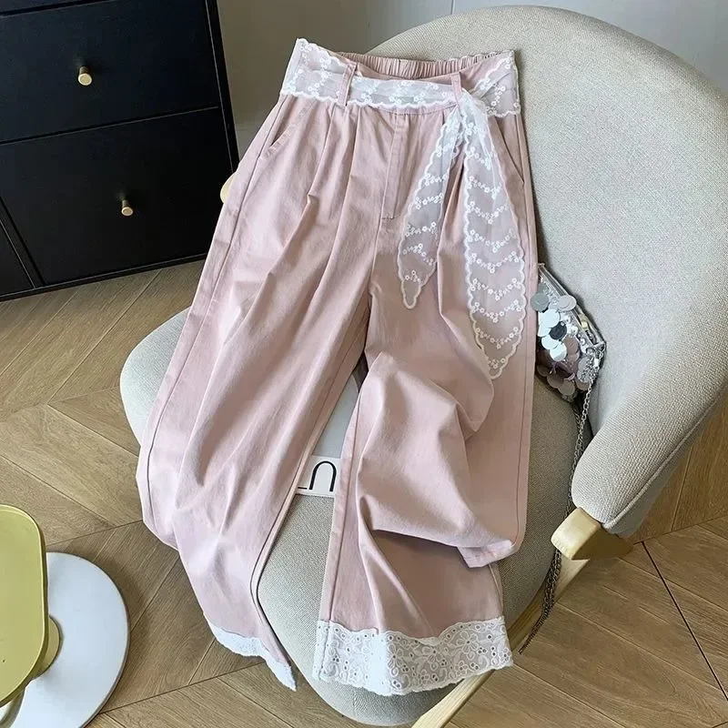 Pantaloni larghi da donna sottili 2025 nuovi piccoli pantaloni dritti pantaloni larghi casual a nove punti in pizzo azzurro