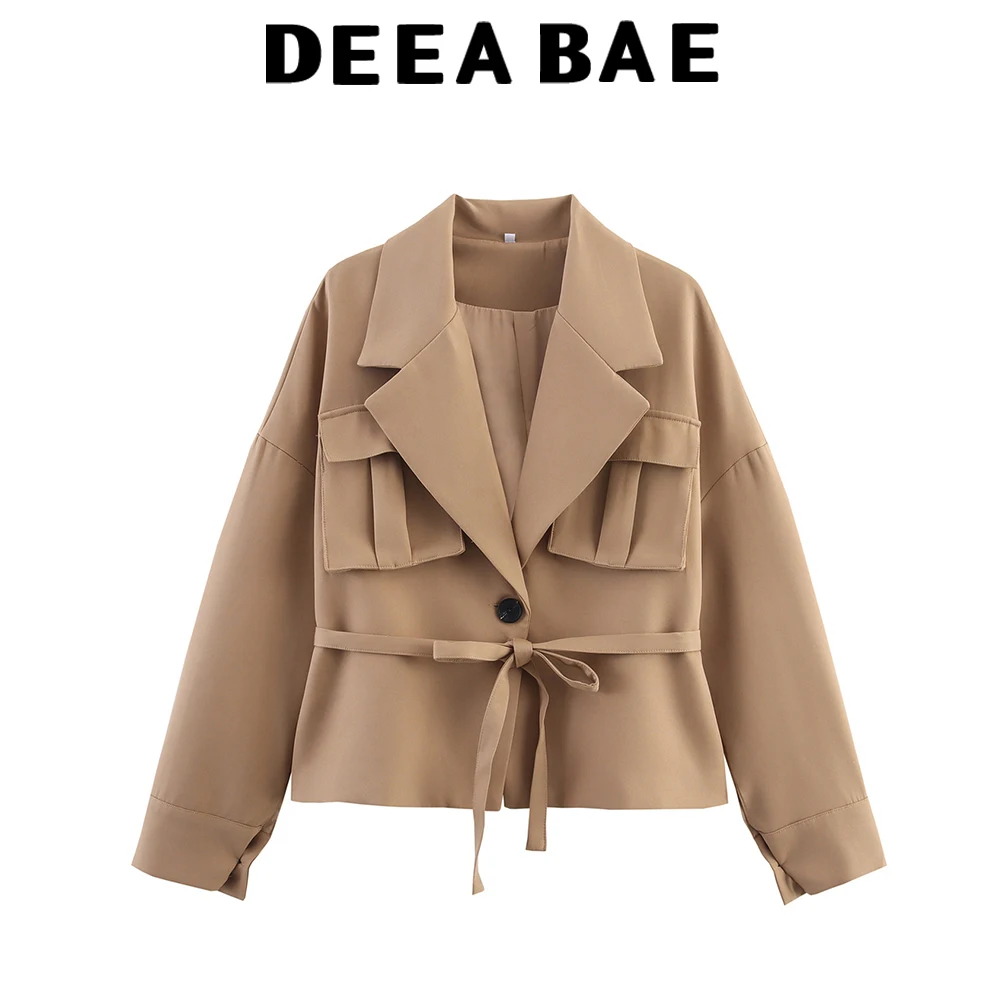 

DEEABAE American retro design three-dimensional pocket silhouette jacket belt decoration solid color short jacket top